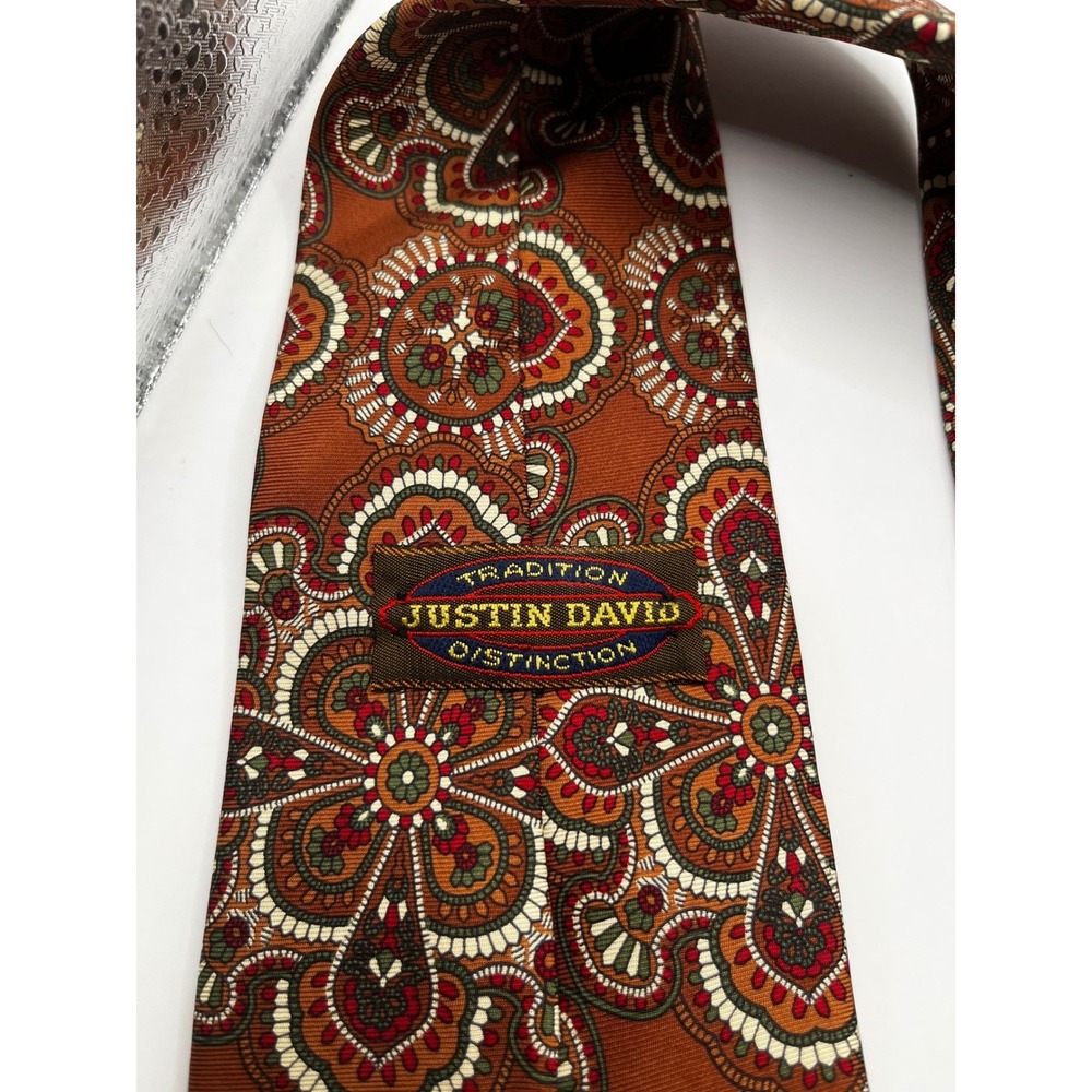 Silk Necktie Medallion Pattern Hand Sewn USA Justin David Tradition Distinction - Picture 3 of 5